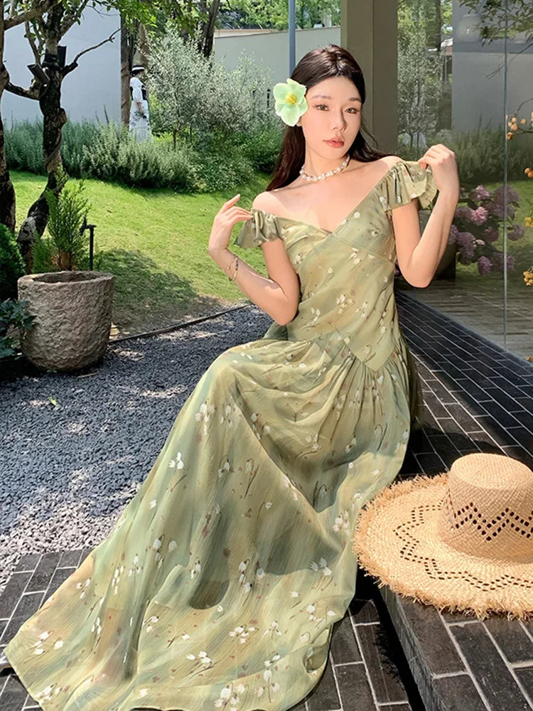 MQTIME  -   Floral Flying Sleeve Chiffon Dress Women French Summer Beach V Neck Sexy Long Dress Casual Fashion Vacation Elegant Simple Dress