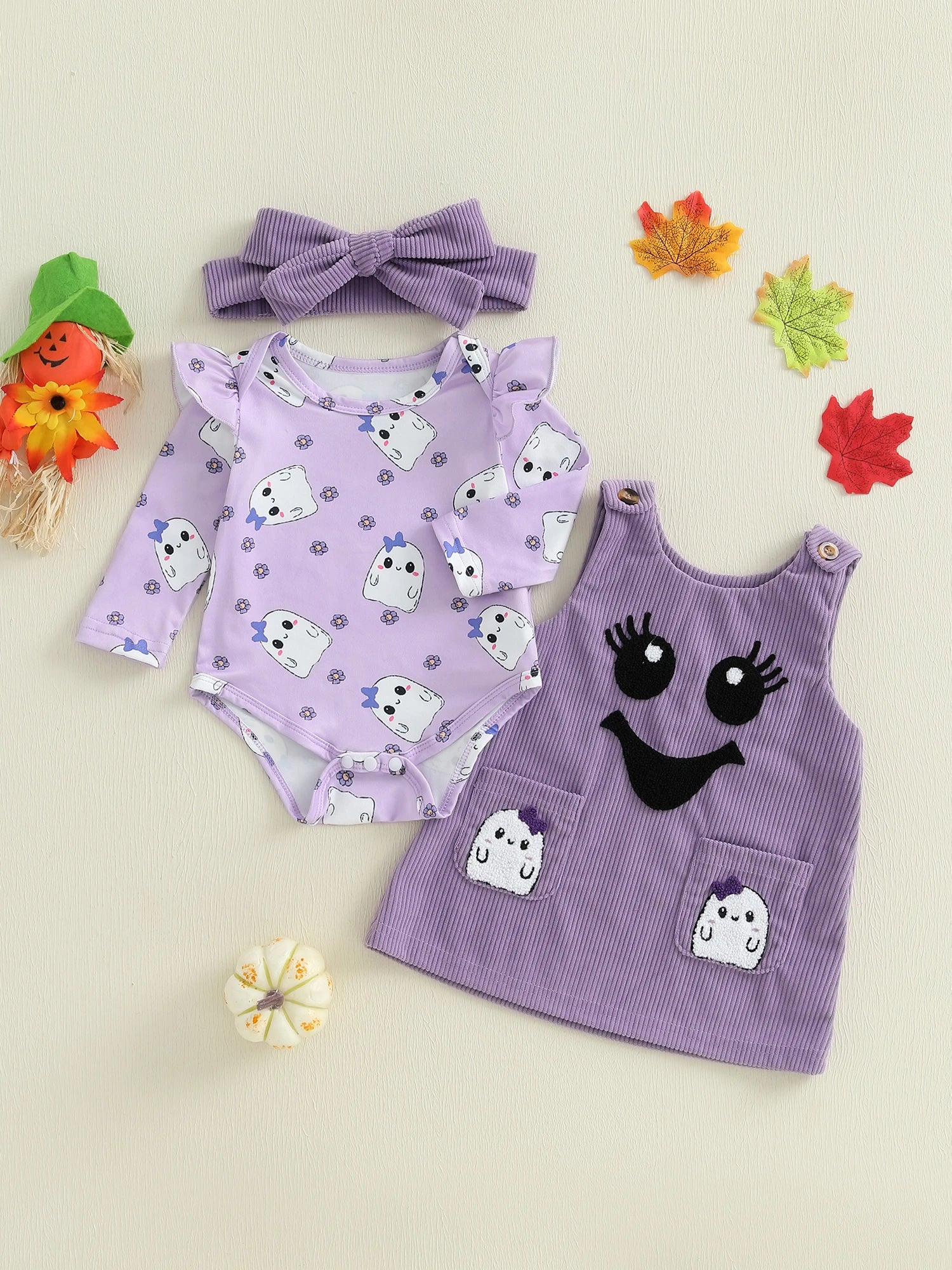 MQTIME  -  Toddler Boy Halloween Costume Pumpkin Print Short Sleeve Romper Embroidery Overalls Hat Set for Party Dress Up