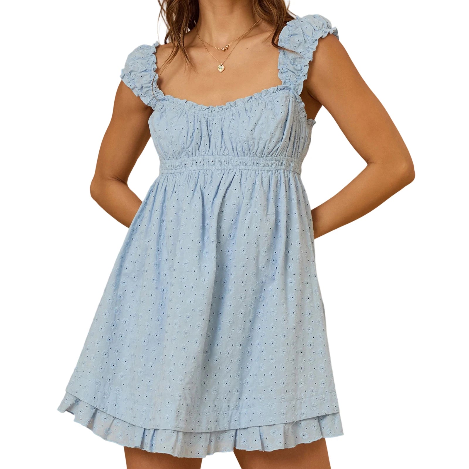 MQTIME  -  Women s Lace Trimmed Sleeveless Mini Dress with Sweetheart Neckline and Ruched Bust Detail - Flirty Summer Babydoll Dress with