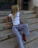 MQTIME  -  Womens Casual Cleanfit Striped Pants Elastic Low Waist Striped/Plaid Loose Aesthetic Trousers Streetwear with Pockets