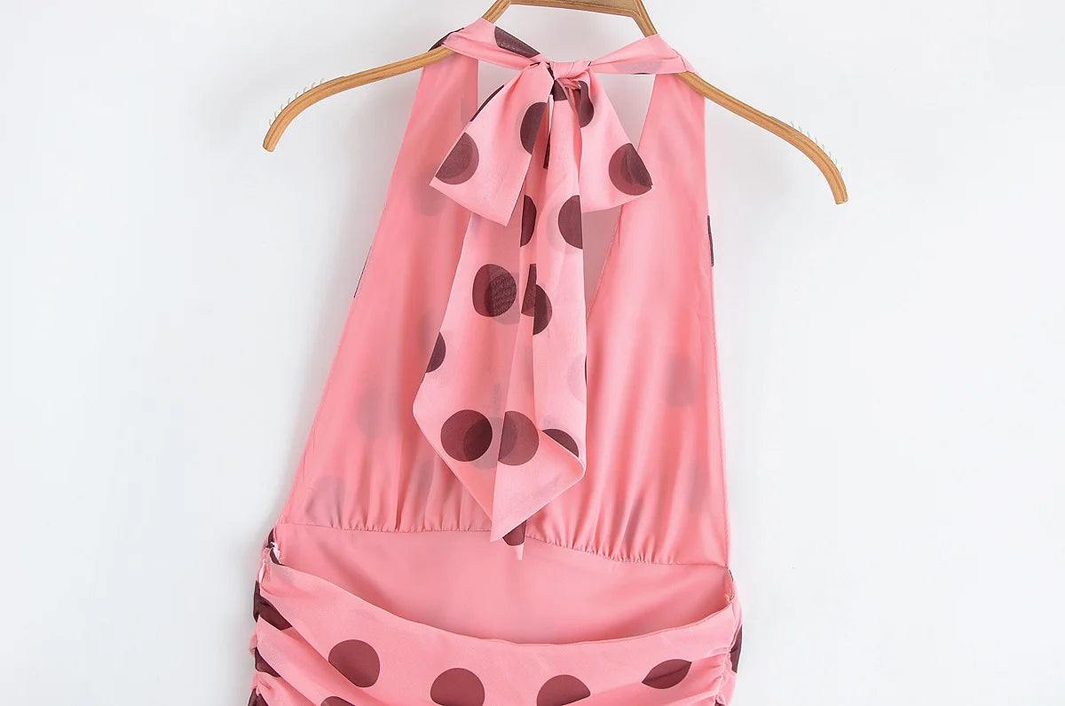 MQTIME  -  summer new women's casual fashion simple halter neck V-neck sleeveless backless polka dot long dress