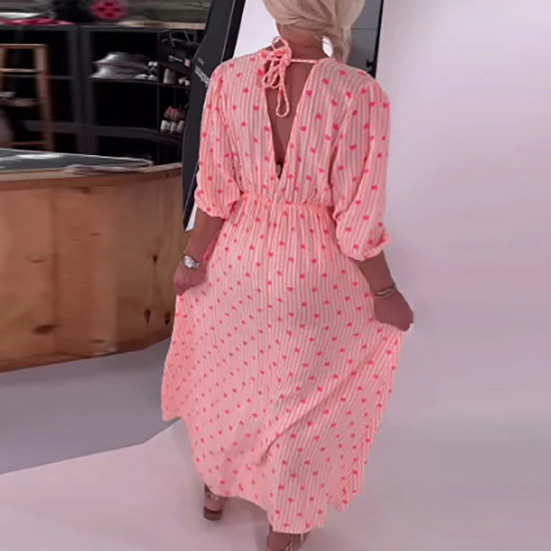 MQTIME  -  Fashion Heart-shaped Print Party Dress Sweet Girl Loose Lantern Sleeve Pleated Evening Dress Casual Simple Women Commute Dress