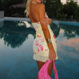 MQTIME  -  Women's Summer Beachwear Sleeveless Off Shoulder Aesthetic Flower Print Ruffled Hem Mermais Mini Bandeau Tube Dress