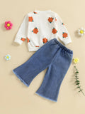 MQTIME  -  Girls Autumn Fashion Floral Print Hoodie and Distressed Denim Flare Pants Set for Toddlers