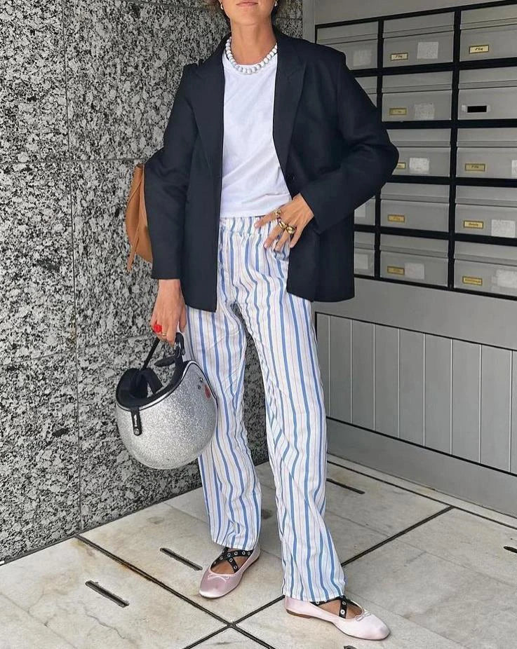 MQTIME  -  Womens Casual Cleanfit Striped Pants Elastic Low Waist Striped/Plaid Loose Aesthetic Trousers Streetwear with Pockets