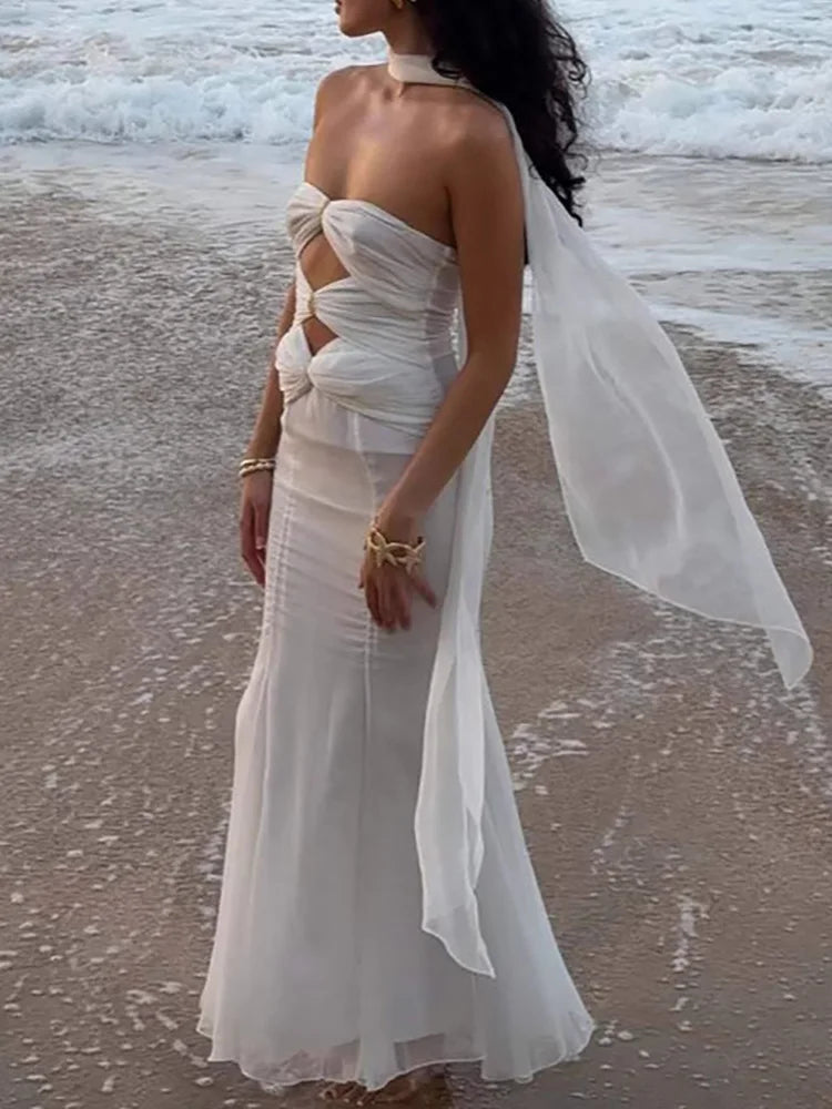 MQTIME  -  Sexy Sleeveless Hollow Out Sheath Long Dress Fashion Pleated Swing Romantic Dress Elegant Strapless Desire Style Gowns Dresses