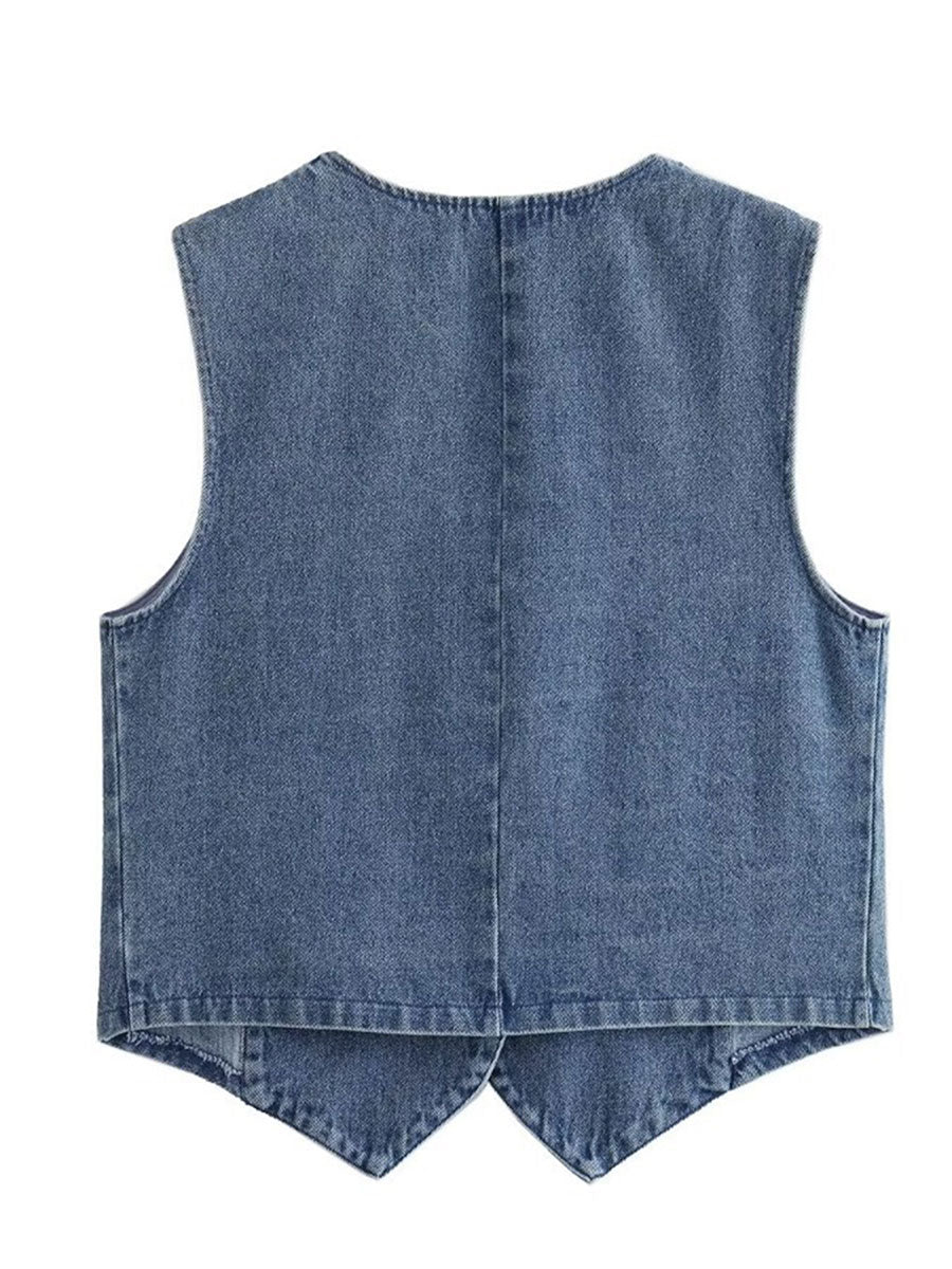 MQTIME  -  Women's Y2K Vintage Denim Waistcoat Sleeveless V-Neck Cropped Vest Tank Tops Button Up Jean Retro Cropped Jackets