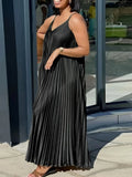 MQTIME  -  Summer High Waist V Neck Casual Sleeveless Dress Pleated Spaghetti Strap Dresses New Relaxed Sexy Maxi Beach Women Dress