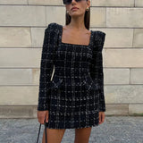 MQTIME  -  Tweed Plaid Elegant Long Sleeve Mini Dress Women Square Collar High Waist 2025 Autumn Casual Dresses Party Evening Lady Robe