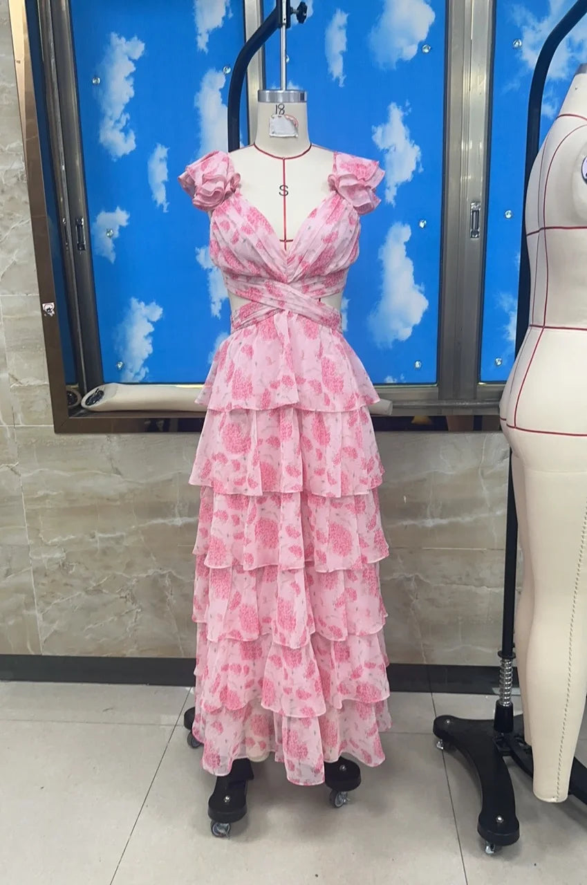 MQTIME  -  Women Summer Floral Print Ruched Bust Sleeveless V-Neck Ruffle Layered Lace-up Backless Flowy A-Line Long Cake Dress