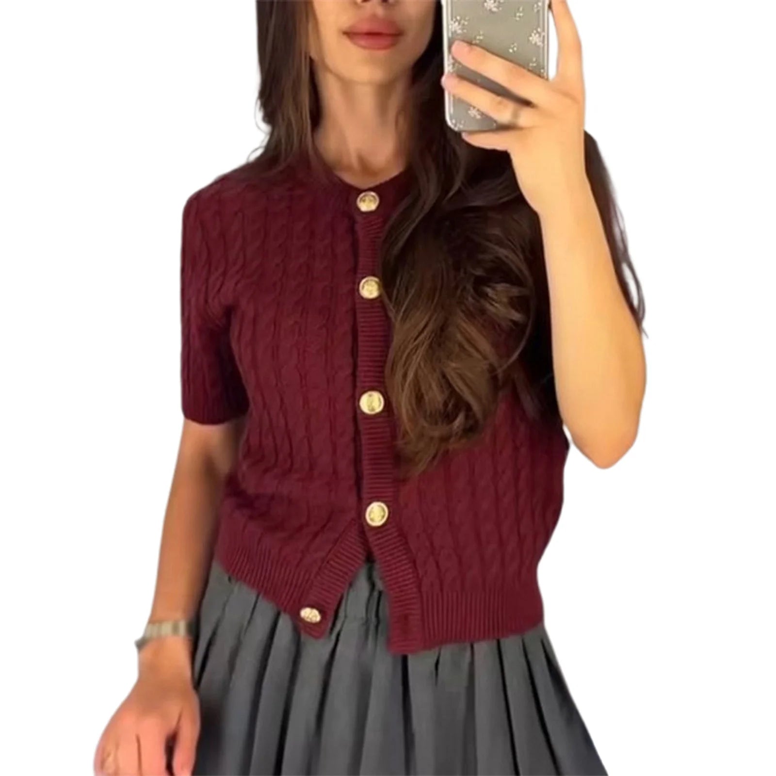 MQTIME  -  Women's Y2K Chic Cable Knitwear Cardigans Striped Short Sleeve Button-down Round Neck Cropped Slim Fit Sweater Tops