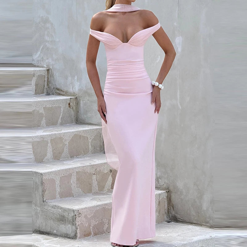 MQTIME  -  Summer Sleeveless Deep V-neck Bodycon Dress Trendy Off Shoulder Ribbon Wrap Hips Dress Sexy Hot Girl Tube Top Solid Color Gown