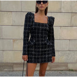 MQTIME  -  Tweed Plaid Elegant Long Sleeve Mini Dress Women Square Collar High Waist 2025 Autumn Casual Dresses Party Evening Lady Robe