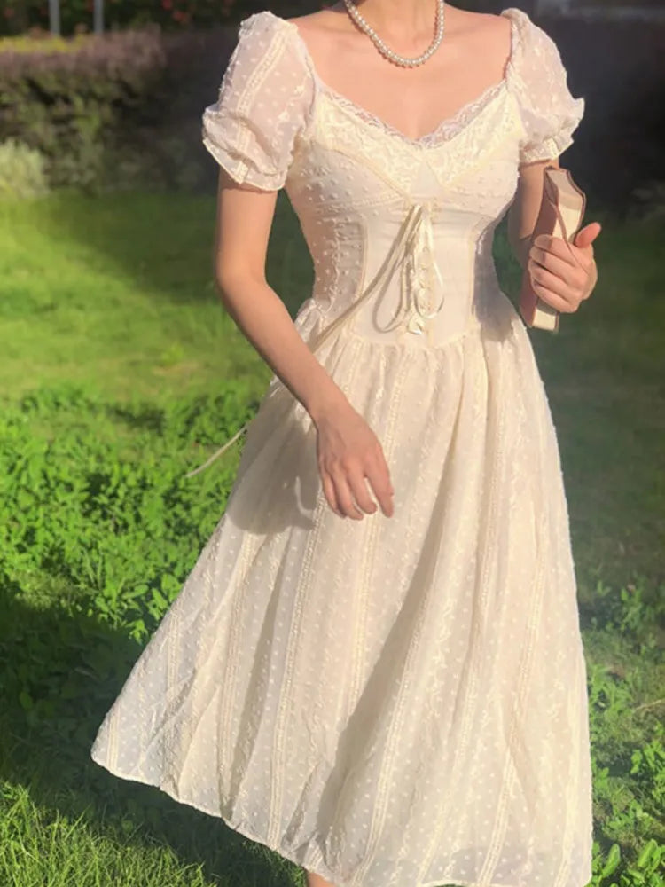Mqtime ELegant Lace Beige Dress Women Summer V-Neck Bodycon A-Line Princess Slim Fit Evening Party Prom Vestidos One Piece Clothing