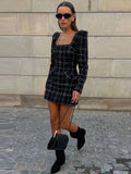 MQTIME  -  Tweed Plaid Elegant Long Sleeve Mini Dress Women Square Collar High Waist 2025 Autumn Casual Dresses Party Evening Lady Robe