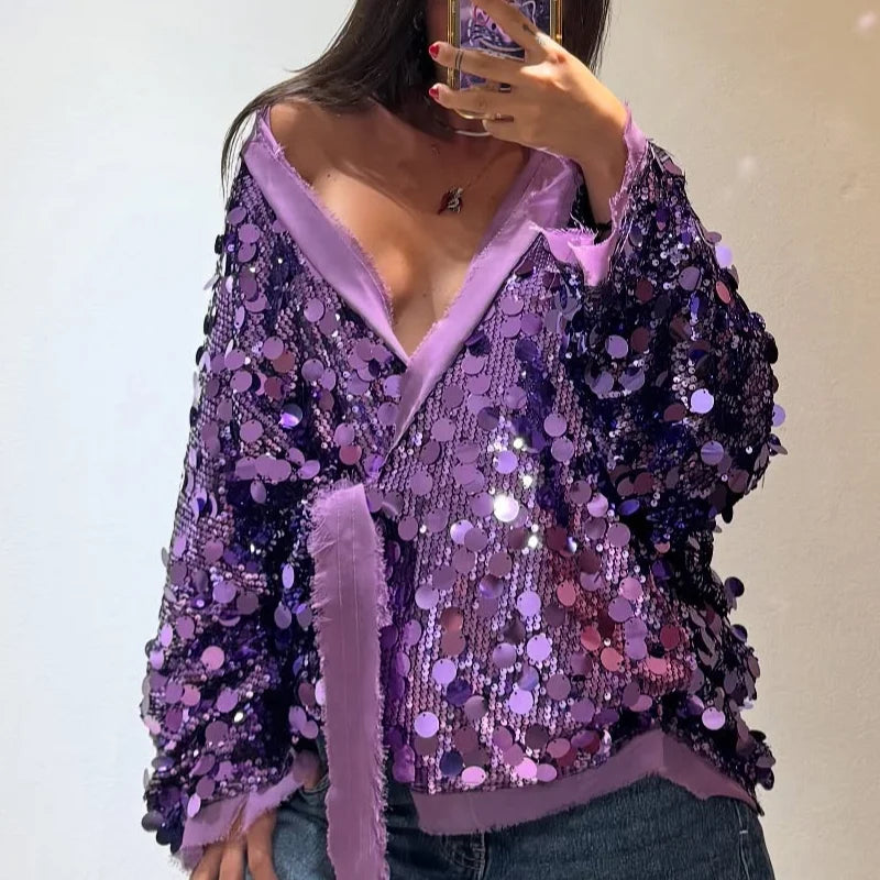 MQTIME  -   Luxury Sequin Oversized Wrap Jacket Fringe Trim Tie-Waist V-Neck Sparkly Coat Women's Casual Party Club Streetwear Outfits
