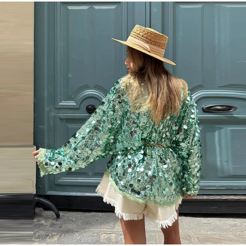 MQTIME  -   Luxury Sequin Oversized Wrap Jacket Fringe Trim Tie-Waist V-Neck Sparkly Coat Women's Casual Party Club Streetwear Outfits