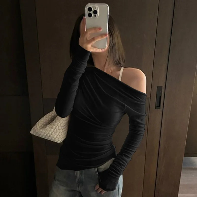MQTIME  -  Slim Solid Pleated Slant Collar T-Shirts Ladies Street Casual Basic Pullover Tees Slanted Shoulders Long Sleeve Tops For Women