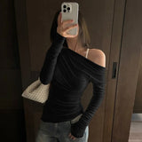 MQTIME  -  Slim Solid Pleated Slant Collar T-Shirts Ladies Street Casual Basic Pullover Tees Slanted Shoulders Long Sleeve Tops For Women