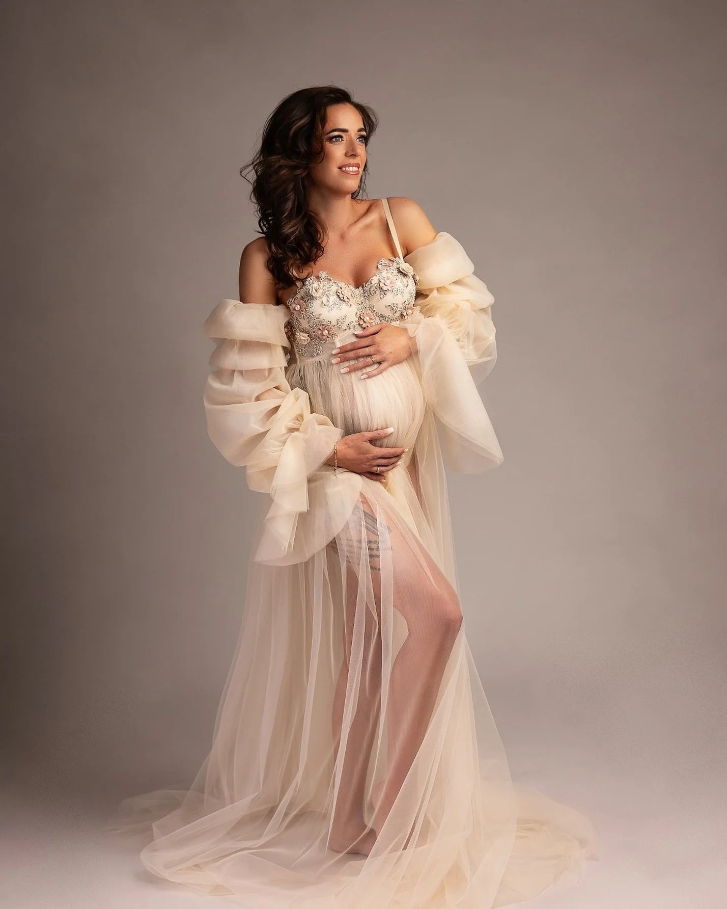 MQTIME  -  See Thru Prom Dresses Puff Full Sleeves Maternity Photoshoot Dress Floral Appliques Baby Shower Gowns Chic Photography Props