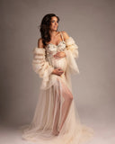 MQTIME  -  See Thru Prom Dresses Puff Full Sleeves Maternity Photoshoot Dress Floral Appliques Baby Shower Gowns Chic Photography Props