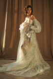 Mqtime Charming Bloom Maternity Dresses for Photo Shoot Sheer Floral Tulle Pregnancy Photography Dress with Detachable Sleeves Custom
