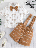 MQTIME  -  Adorable Baby Boy Summer Ensemble with Palm Tree Patterned Shirt Bowtie Elastic Waist Shorts and Suspenders - 2 Piece Set