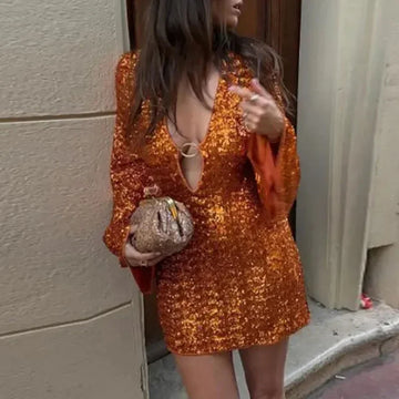 MQTIME  -  Elegant Hollow Out Sequins Short Dresses Fashion Solid Bag Hips Evening Dresses Sexy Deep V-neck Flared Long Sleeve Mini Dresses