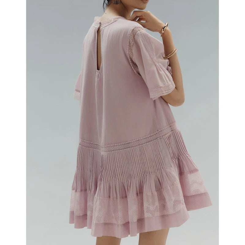 MQTIME  -  Women Summer Floral Lace See-through Patchwork Flare Short Sleeve V-Neck Loose Fit Ruffled Pleated Hem Mini Dress