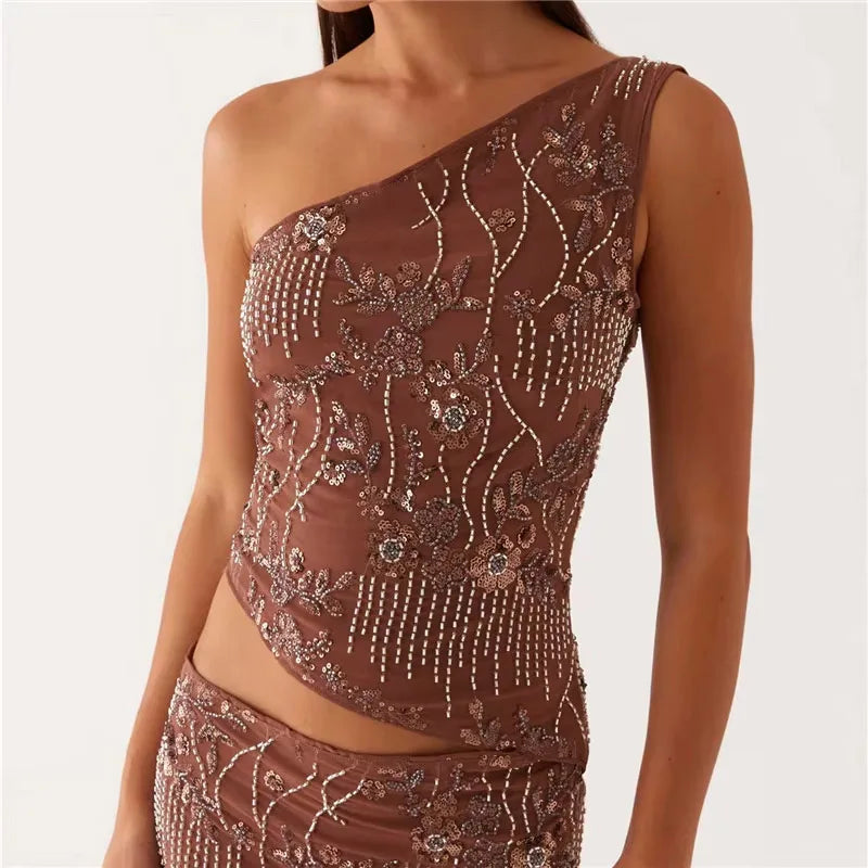 MQTIME  -  Elegant Bead Sequin Vest Embroidered Hip Hugging Half Skirt Women Set Slim Top Straight Tube Skirts 2025 Summer Party Lady Dress