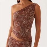 MQTIME  -  Elegant Bead Sequin Vest Embroidered Hip Hugging Half Skirt Women Set Slim Top Straight Tube Skirts 2025 Summer Party Lady Dress