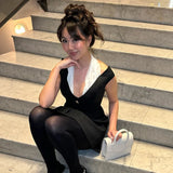 MQTIME  -  Black and White Patchwork Halterneck Mini Dress Elegant Outfits Button Up A Line Dresses Summer Y2k Woman New