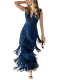 MQTIME  -  Multi-layer Tassels Patchwork Deep V-neck Long Dress Women Sleeveless High Waist Evening Party Dresses 2025 New Vacation Robe