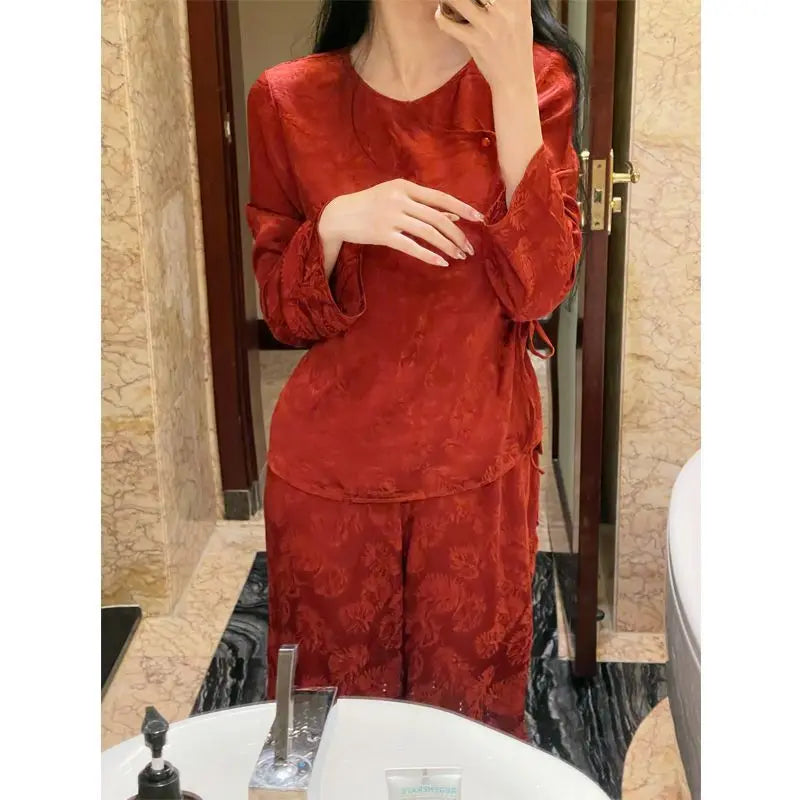 MQTIME  -  Spring Retro Chinese Style Pink Jacquard Home Dress Chinese Set Classical Fashion Round Neck Skew Collar Pajamas Two-piece Trend