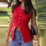 MQTIME  -  Summer Solid Color Sleeveless Vest Office Lady Single Breasted O Neck Open Front Short Tops Leisure Simple Women Pocket Tank Top