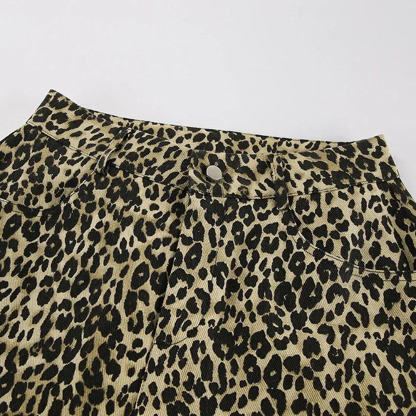 MQTIME  -  Women's Leopard Print High-Waisted Trousers - Button-Fly Wide Leg Pants with Belt Loops, Retro Fall Winter Street Style