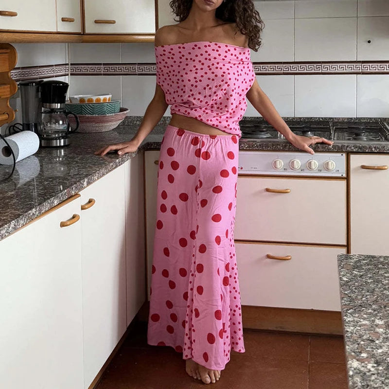 MQTIME  -  Sexy Swing Collar Tops & Long Skirt Suit Women Elegant Simple Polka Dot Print Party Skirt Outfits Casual Sleevless Slim 2Pc Sets