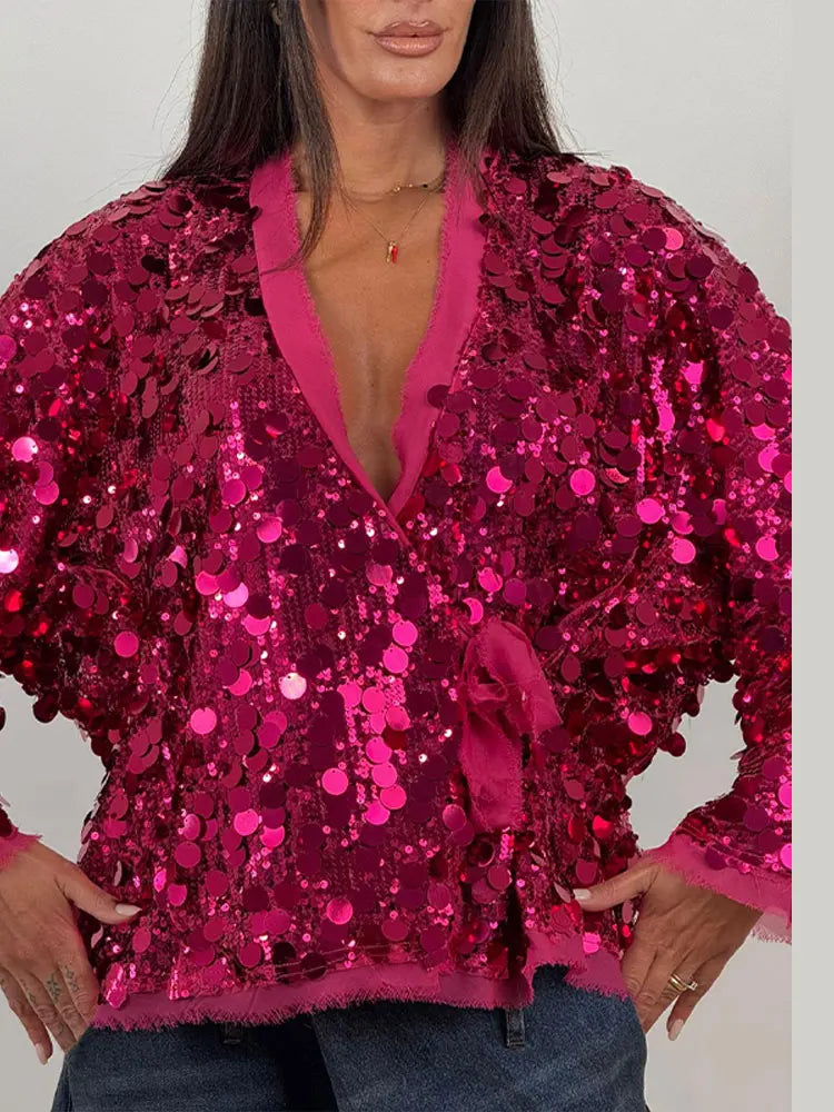 MQTIME  -   Luxury Sequin Oversized Wrap Jacket Fringe Trim Tie-Waist V-Neck Sparkly Coat Women's Casual Party Club Streetwear Outfits