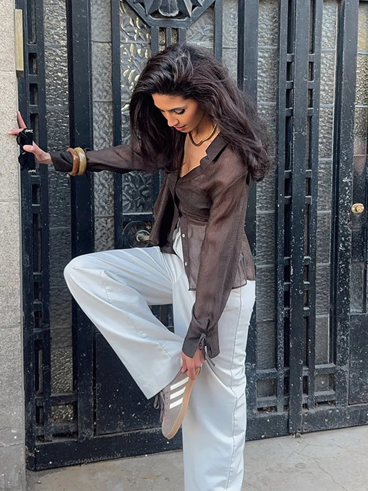 MQTIME  -  Sexy Women See-Through Shirt V-neck Long Sleeve Single Breasted Blouse 2025 Summer Autumn Fashion Street Office Lady Shirts