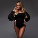 MQTIME  -  White Stretchy Pregnant Woman Jumpsuit Sexy Slash Neck Chiffon Sleeve Maternity Bodysuit For Photo Shooting Clothes