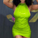 MQTIME  -  Hot Sexy Faux Pu Leather Bodycon Short Slim Club Dress Summer Neon Green Y2k Sleeveless Halter Backless Vestidos