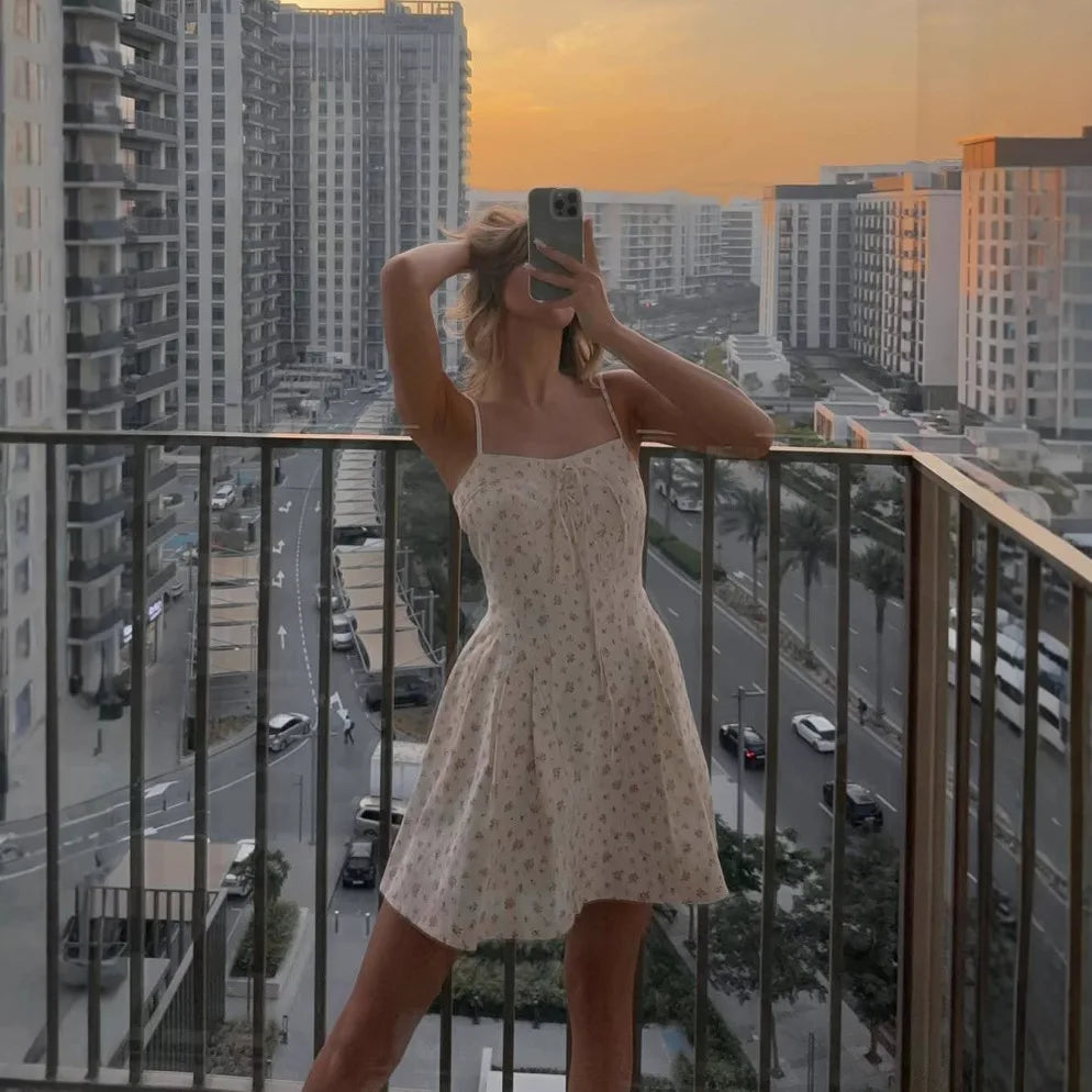 MQTIME  -  Spring New French Country Holiday Style Lace Ruffle Waist Floral Dress Short Skirt