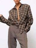 MQTIME  -  Plaid Contrast Collar Irregular Hem Jacket Women Split Single Breasted Shoulder Pads Long Sleeve Street Shirts 2025 Autumn Party