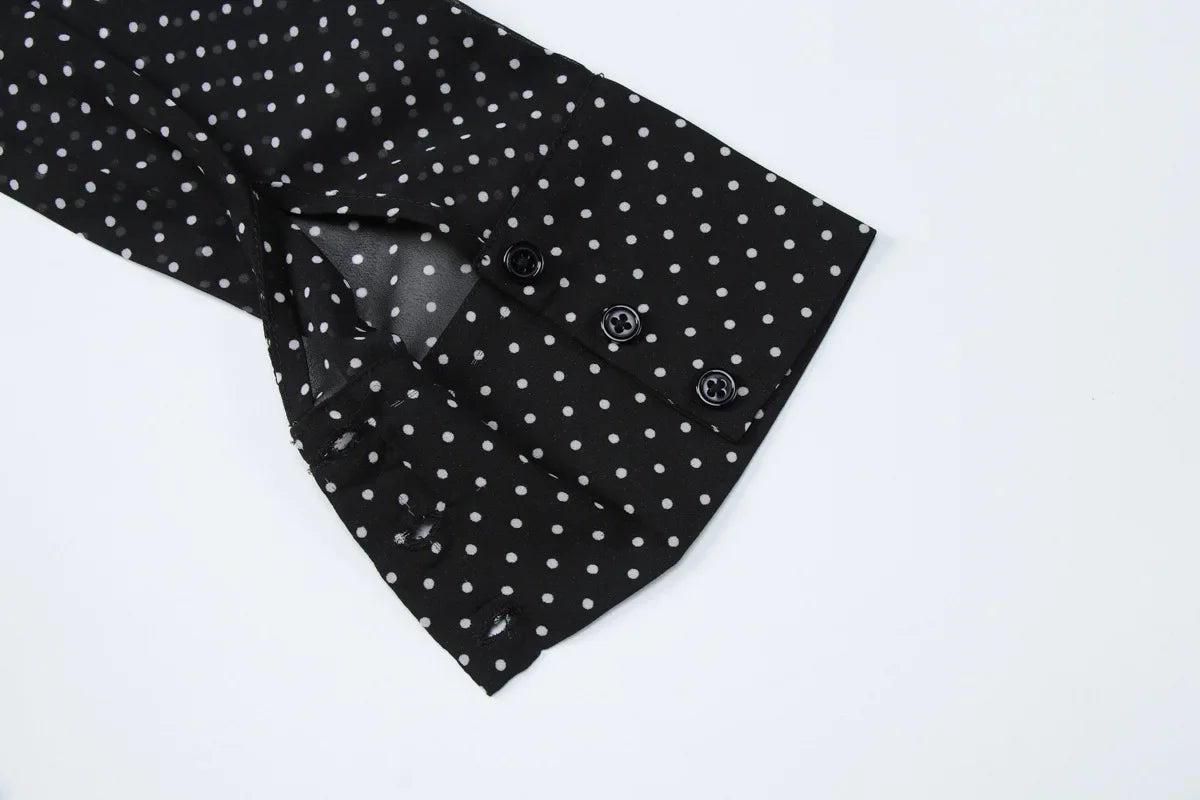 MQTIME  -  New Fashionable Polo Collar Patchwork Dot Mini Dress For Women Patchwork See-Through Elegant Party Dress Women's Autumn Dress