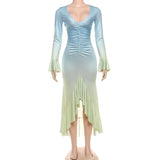 MQTIME  -  Gradient Color Flared Sleeve Women's Evening Dress Deep-V Neck Pleated Bandage Gown Blue Slim Party Skirt New Arrival In Stock