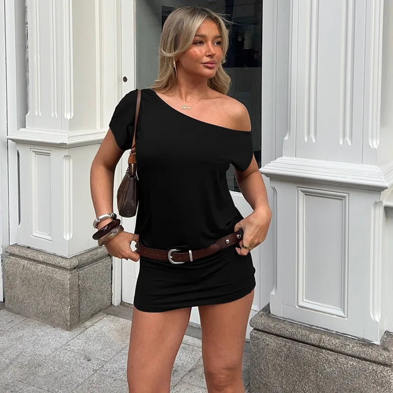 MQTIME  -  Short Sleeve Fashion Slim High Waist Club Party DressSolid Off Shoulder Mini Dresses Women Slanted Shoulders Summer Robes