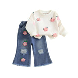 MQTIME  -  Girls Autumn Fashion Floral Print Hoodie and Distressed Denim Flare Pants Set for Toddlers