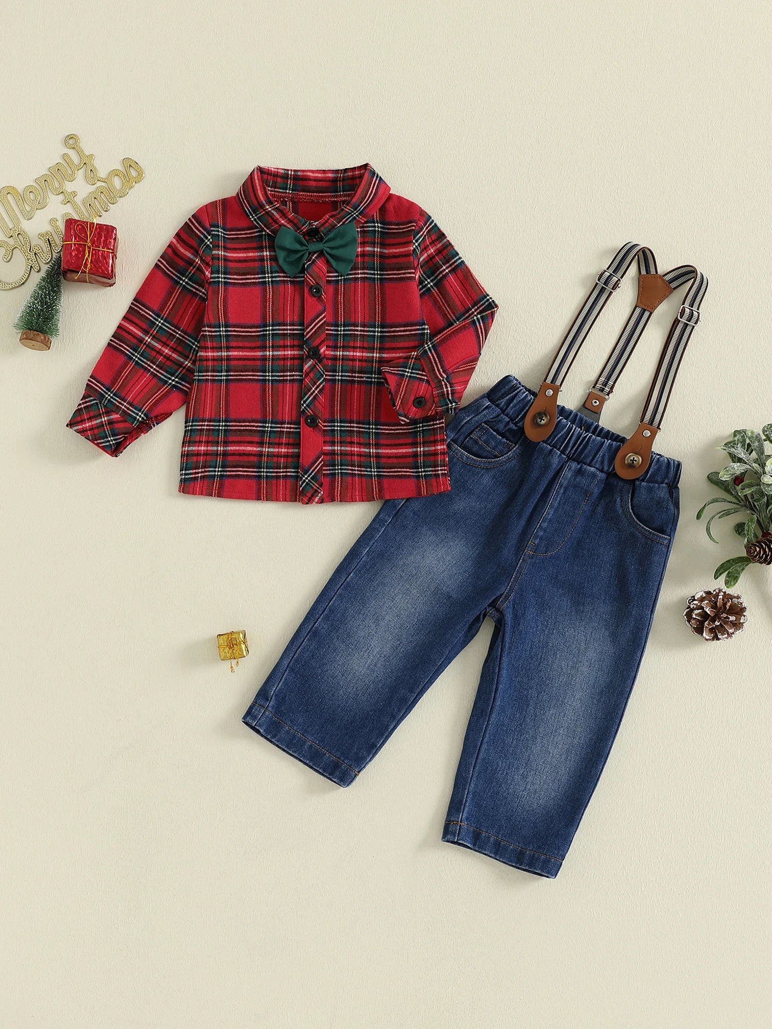 MQTIME  -  Boys Winter 2Pcs Outfits Long Sleeve Lapel Checkered Shirts Denim Overalls Sets with Adjustable Suspenders