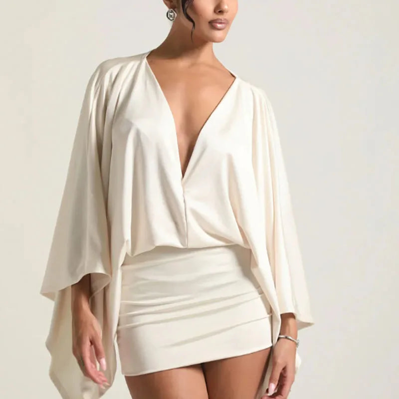 MQTIME  -   Sexy Deep V-neck Hollow Slim Hip Dresses Woman Spring Solid Elegant Commute Lady Dress Autumn Long Sleeve Satin Mini Dress Mujer