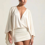 MQTIME  -   Sexy Deep V-neck Hollow Slim Hip Dresses Woman Spring Solid Elegant Commute Lady Dress Autumn Long Sleeve Satin Mini Dress Mujer